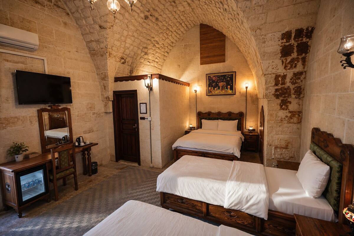A room with two beds, a TV, a desk with a computer, and a stone wall.