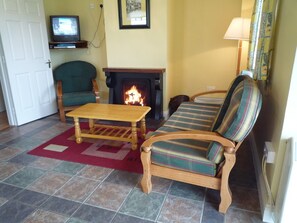 A cozy living room with a fireplace, a sofa, a television, and a green armchair. - Seamount Holiday Village No 24 (Courtown)