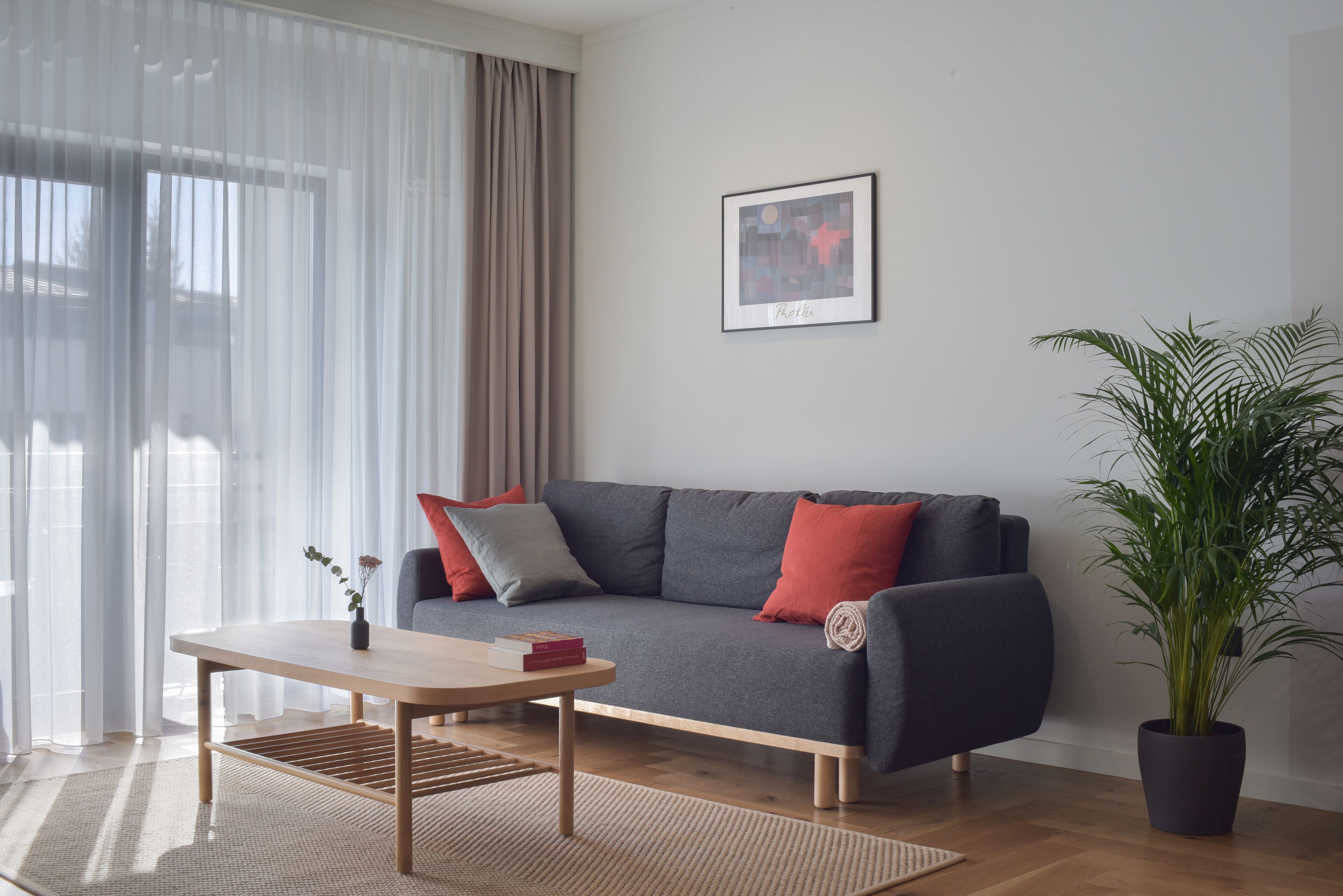 Un salon moderne avec un canapé gris, des coussins rouges et gris, une table basse en bois et une plante en pot.