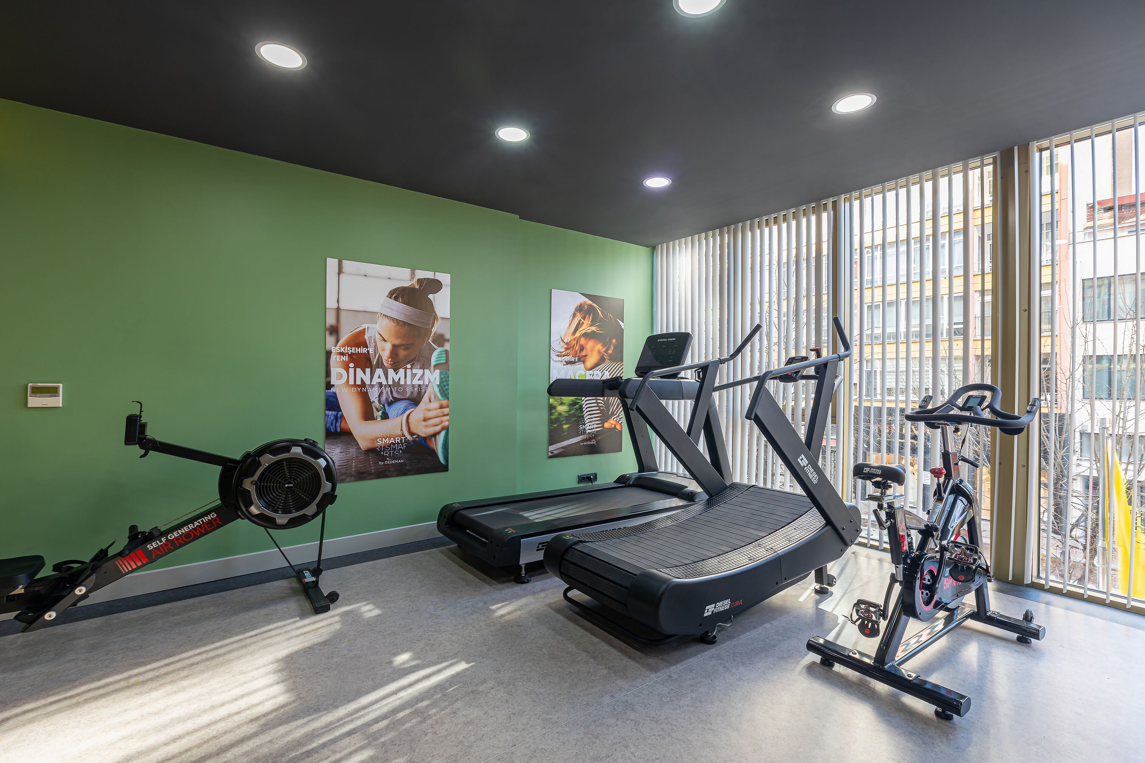 A gym with a treadmill, stationary bike, and rowing machine.