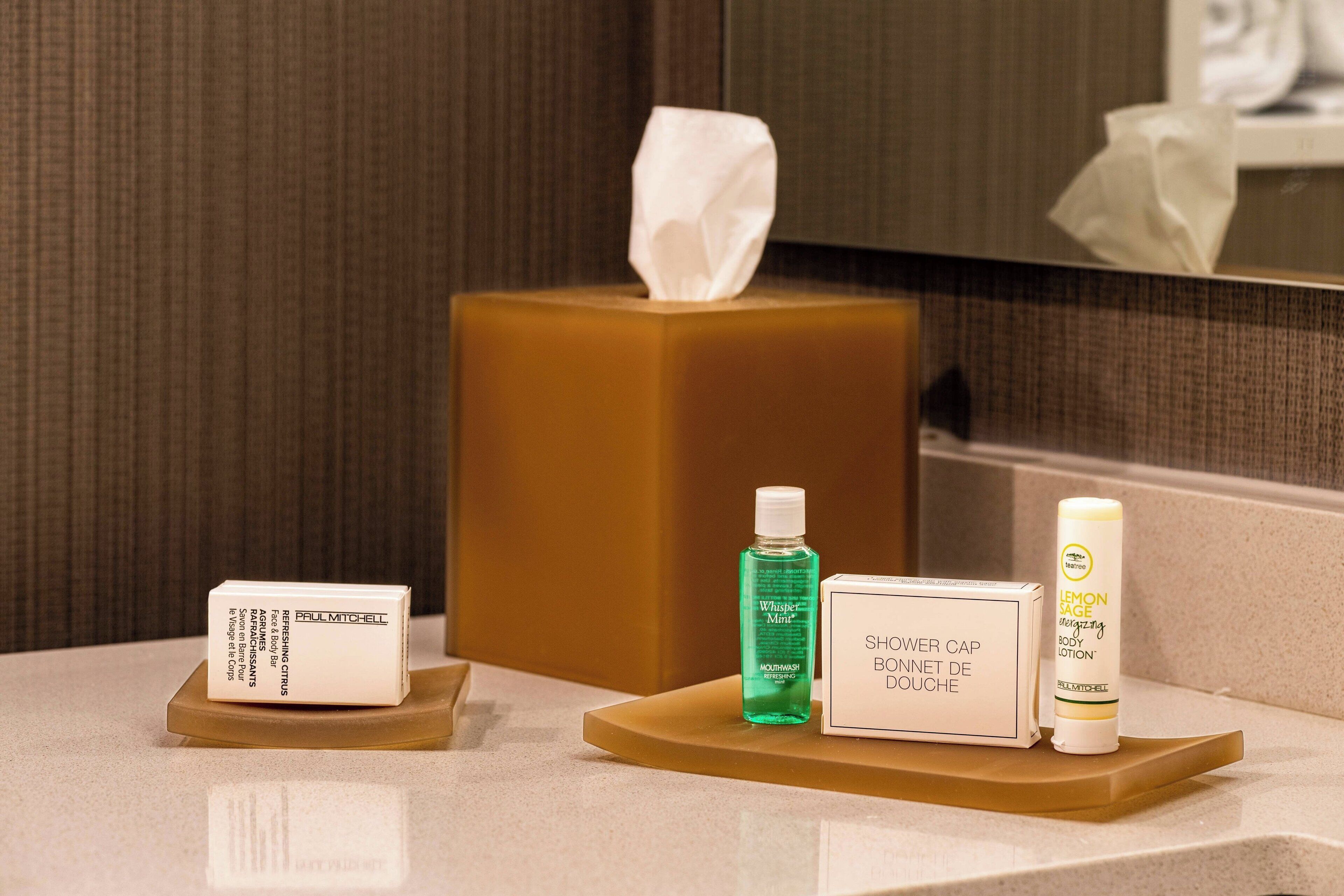 designer toiletries, hair dryer, towels, soap