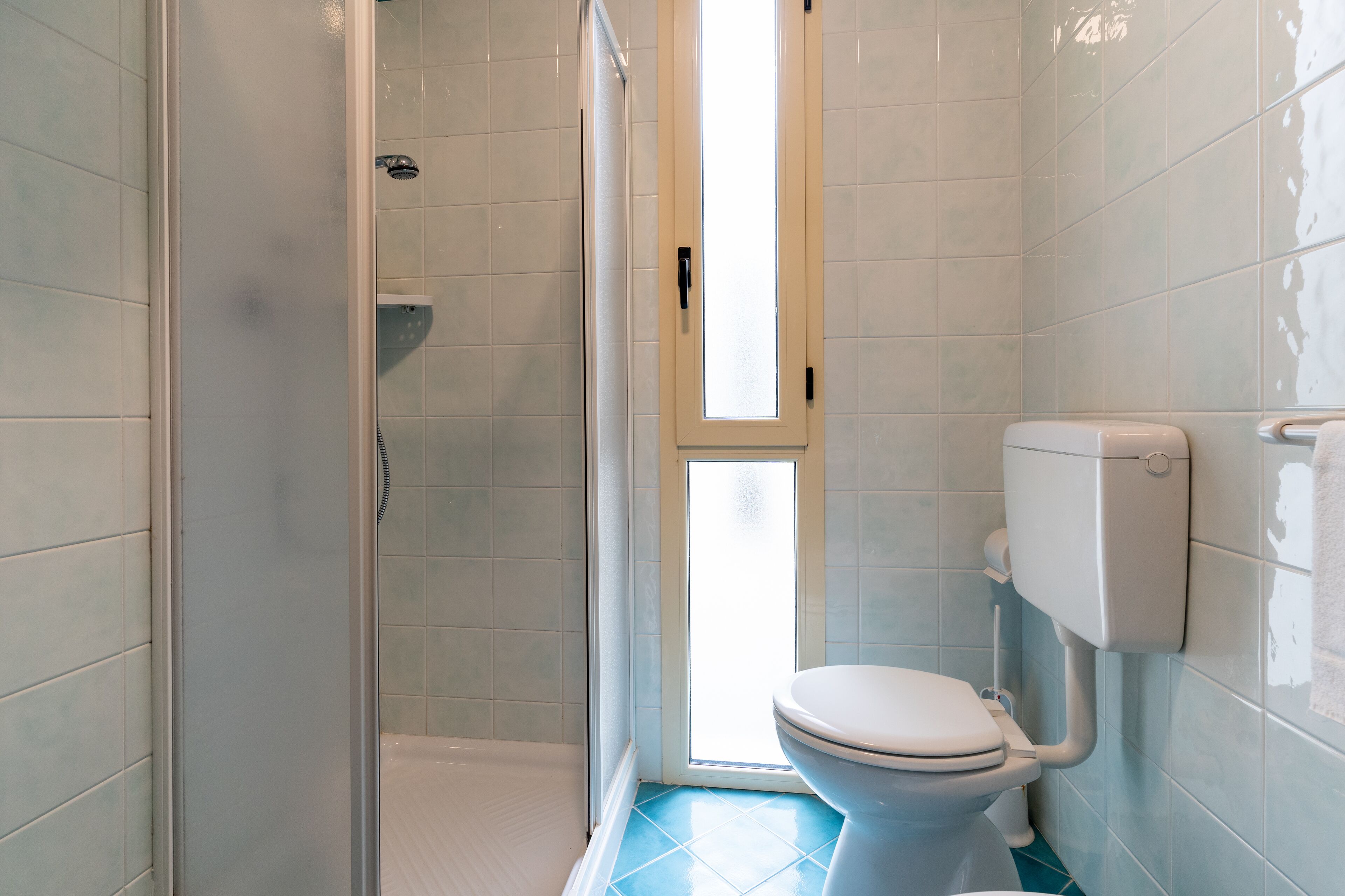 A bathroom with a shower, toilet, and a window.
