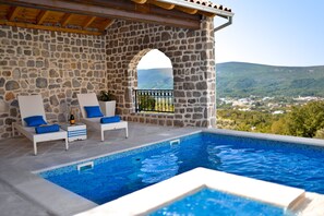 Seasonal outdoor pool, pool umbrellas, pool loungers