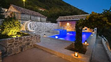 Seasonal outdoor pool, pool umbrellas, pool loungers