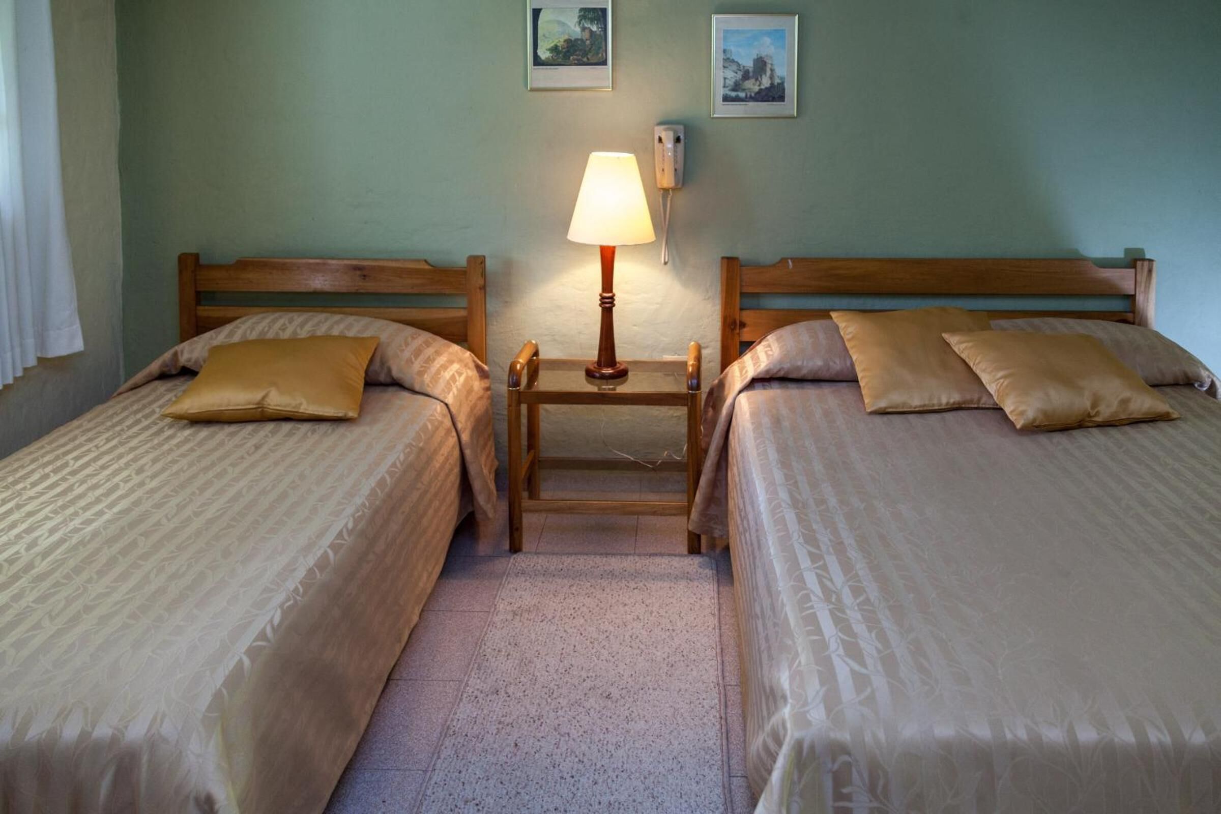 A double room with two beds, a nightstand with a lamp, and a wall-mounted phone.