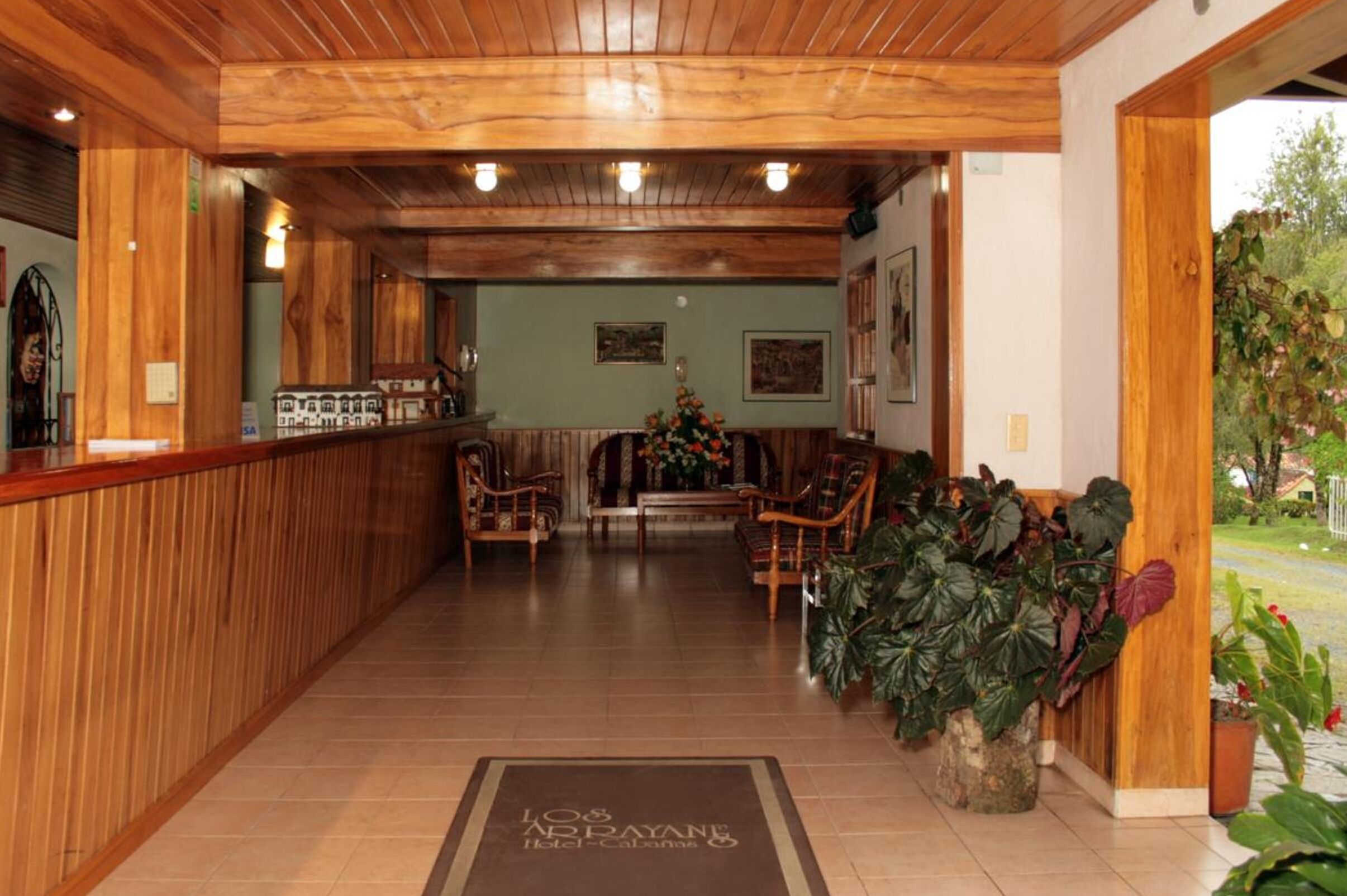 A wooden reception area with a reception desk, seating, and a large potted plant.