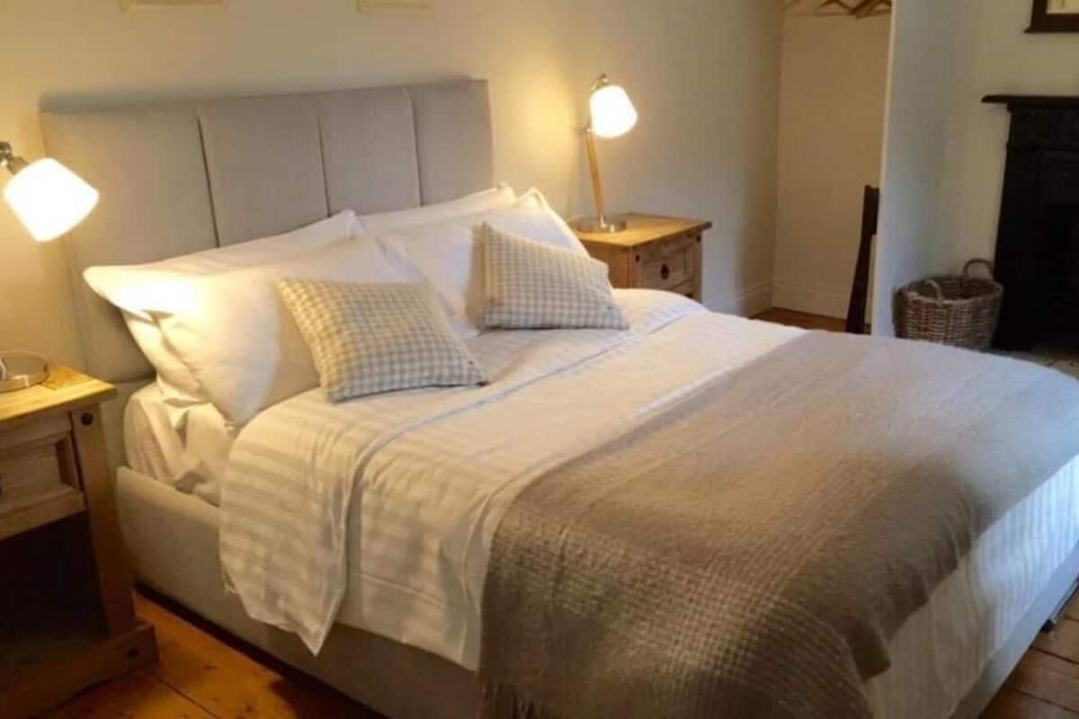 A neatly made bed with pillows and a blanket, two bedside lamps, a wooden nightstand, a wicker basket, and a fireplace in the background.