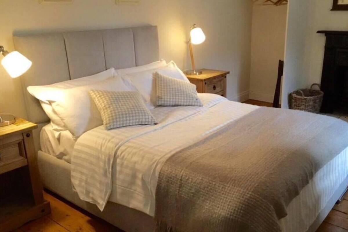 A neatly made bed with pillows and a blanket, two bedside lamps, a wooden nightstand, a wicker basket, and a fireplace in the background.