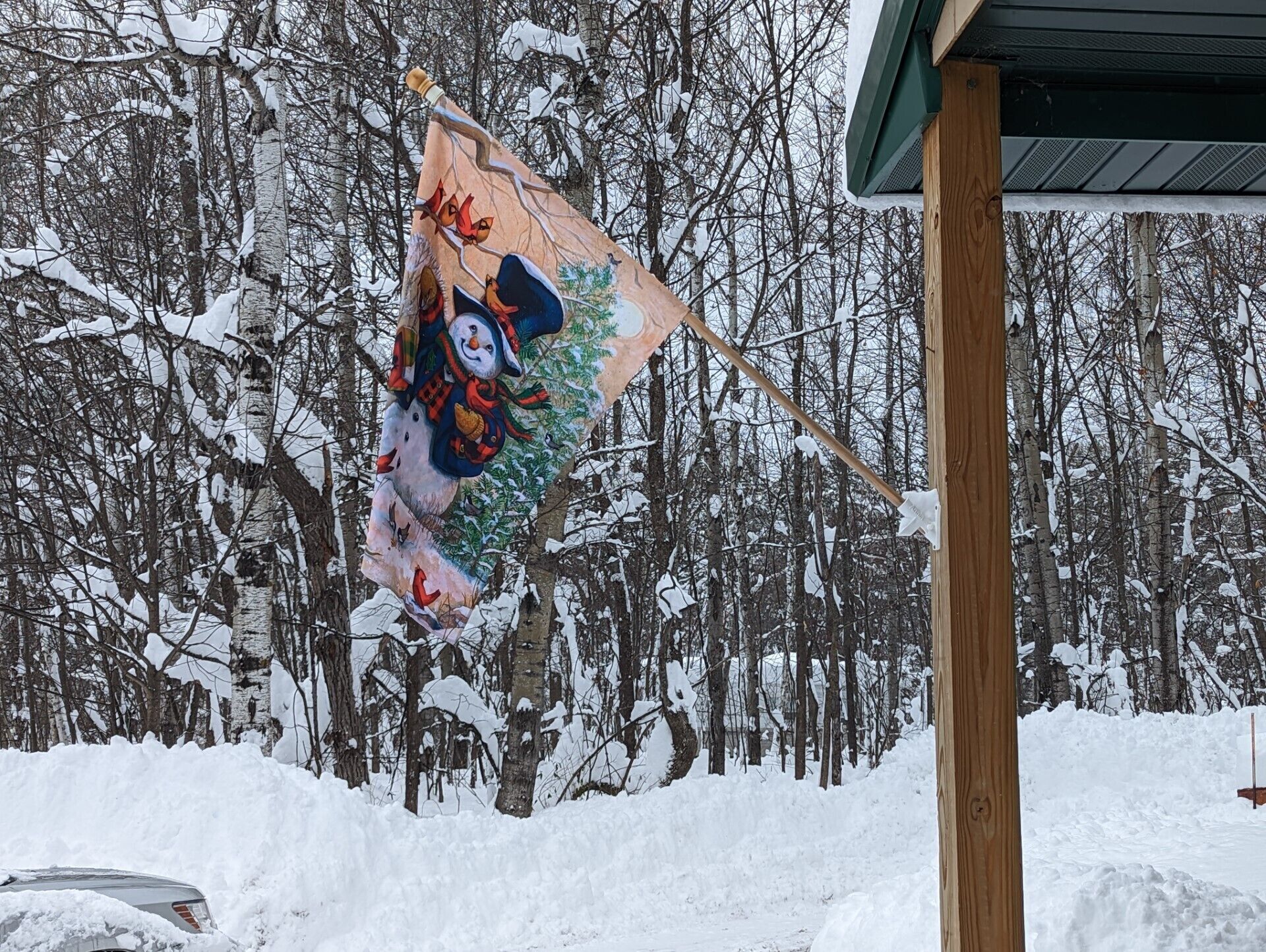Paisaje nevado con una estructura de madera y una bandera colorida que muestra un muñeco de nieve y pájaros.