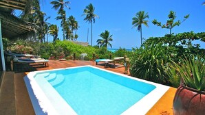 A swimming pool with lounge chairs and a view of palm trees and the ocean. - VANILLA BEACH HOUSE - Three Bedroom Villa, Sleeps 6 (Zanzibar)