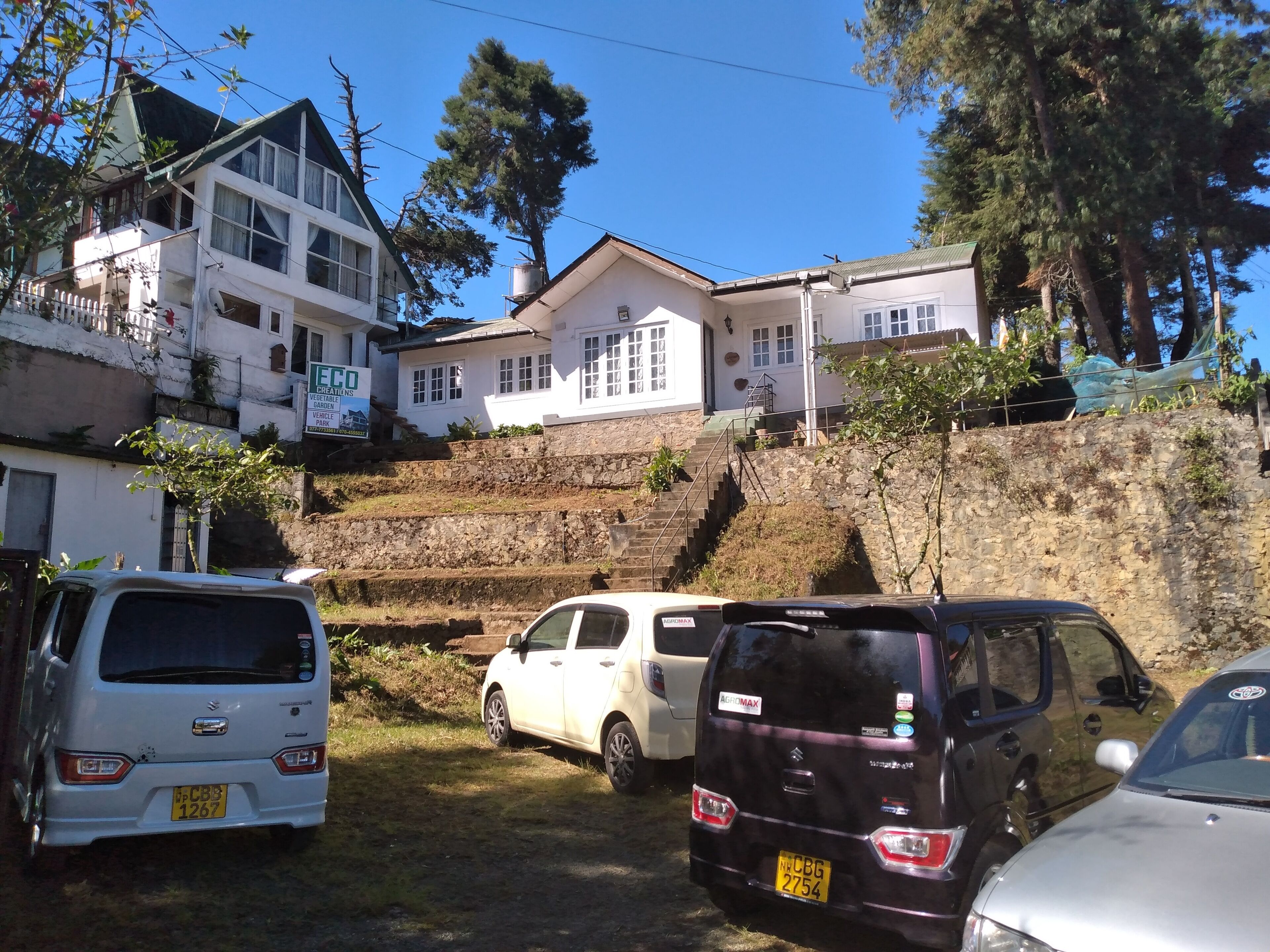 A residential area with houses, a stone staircase, and parked cars.