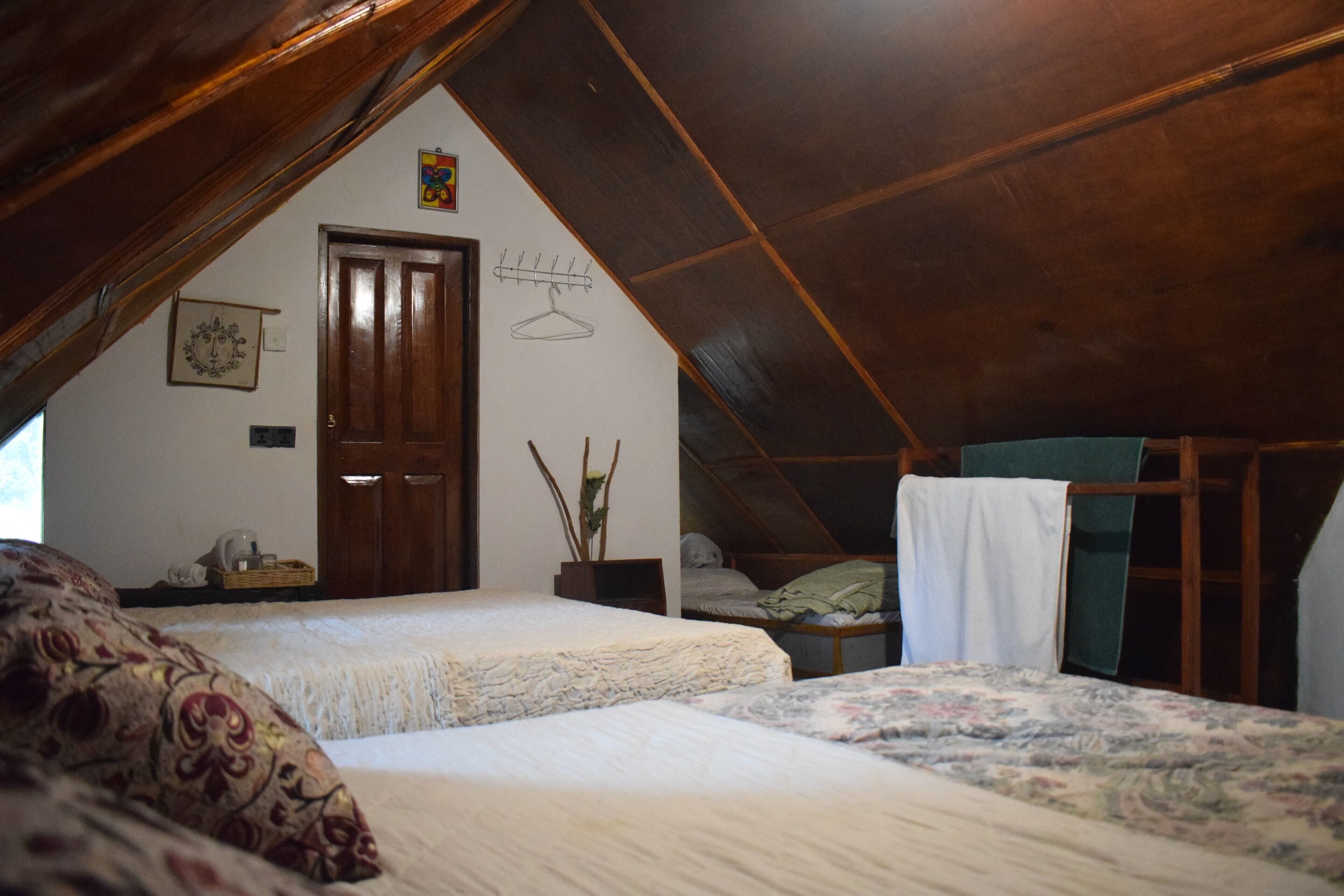 A cozy attic bedroom with two beds, a wooden door, and a small window.