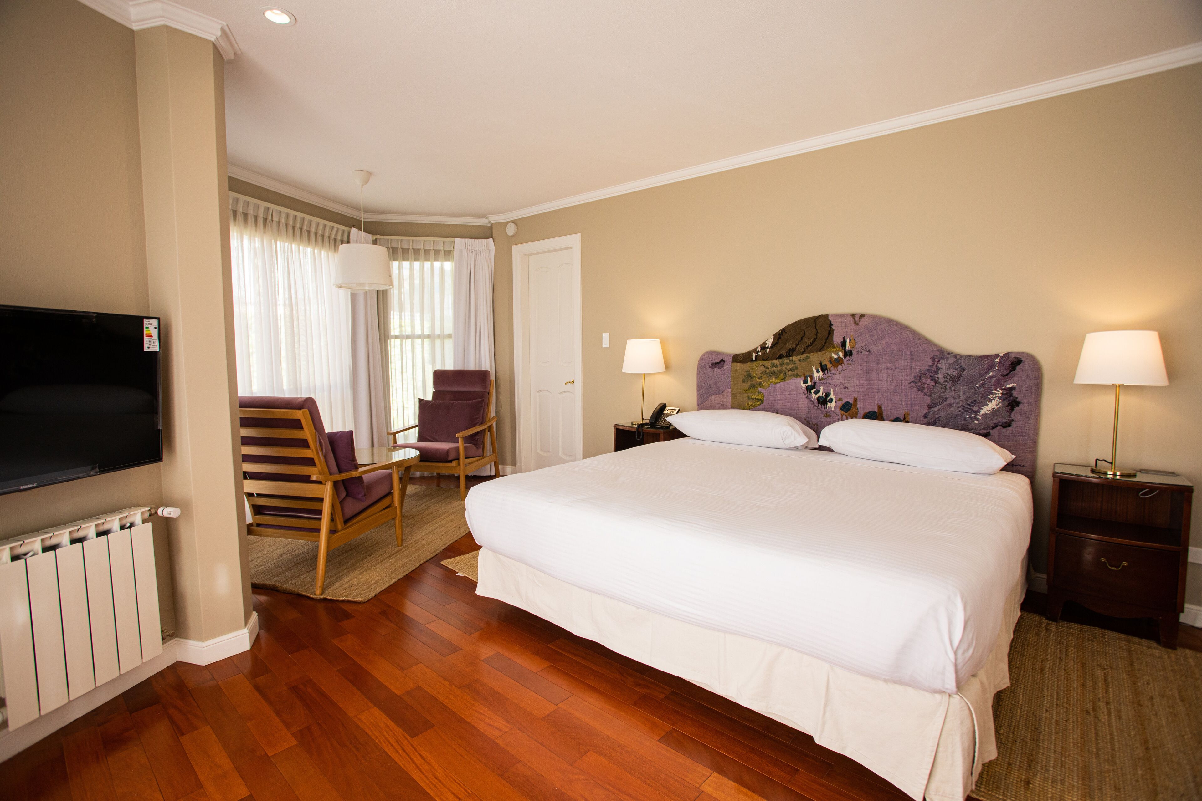 A hotel room with a large bed, a television, a chair, and a nightstand with lamps.