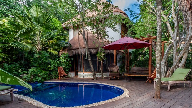 Un área de piscina con maderas, sillas de descanso y una estructura de techo de paja.