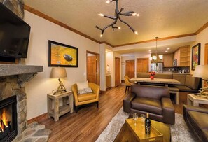 TV, fireplace, DVD player, video library