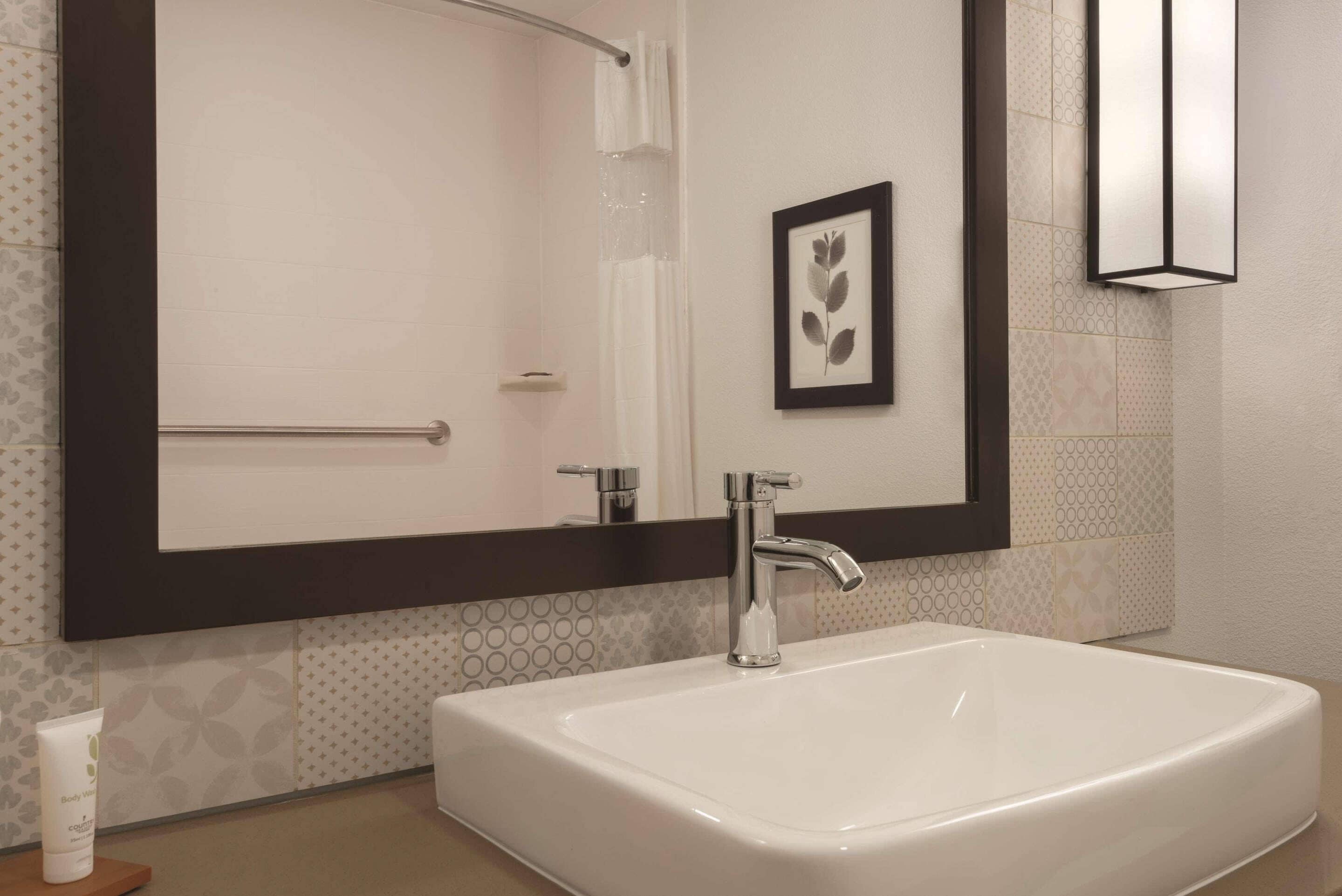 Un baño con un lavabo blanco, un espejo grande y una obra de arte con una hoja enmarcada en la pared.