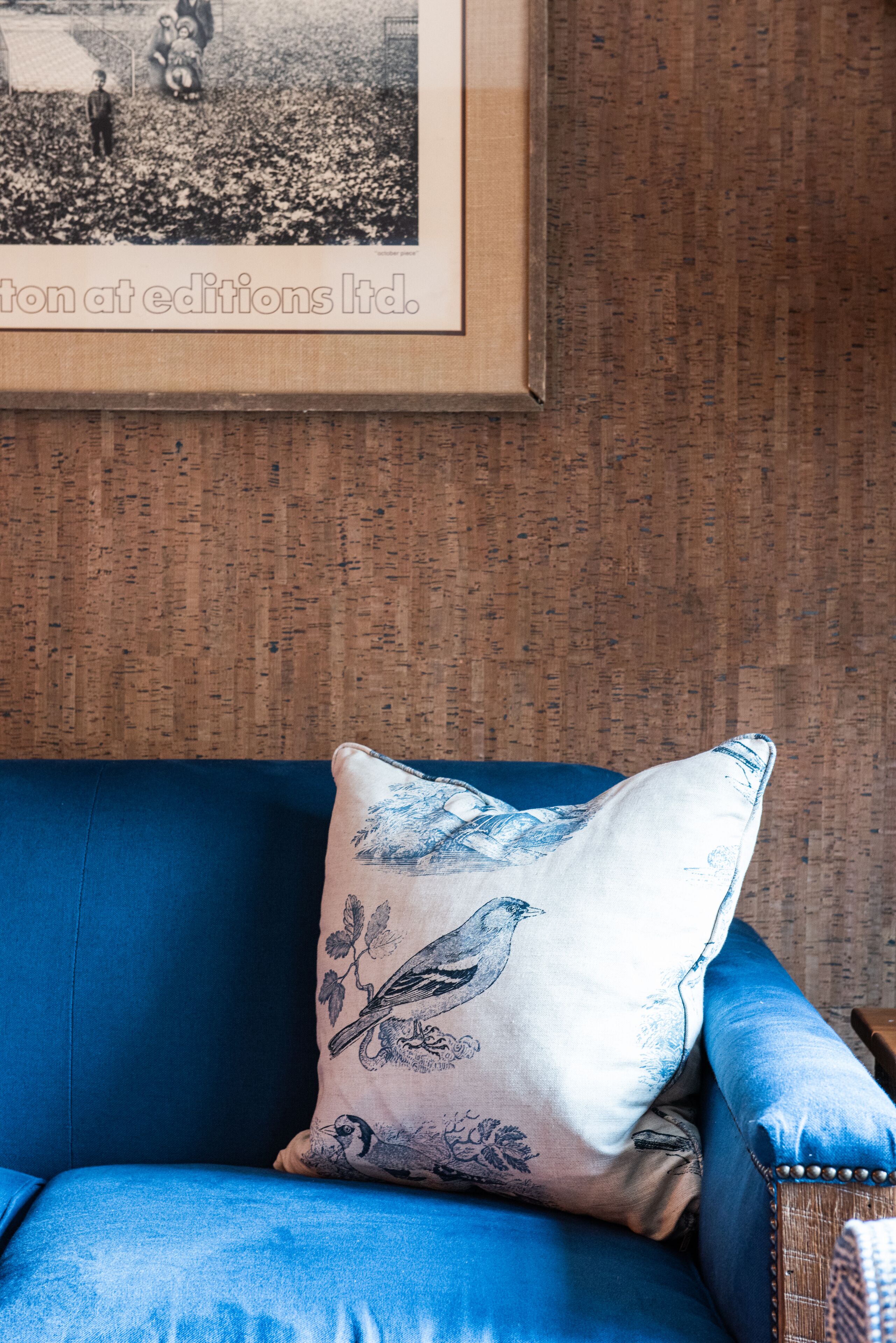 A blue sofa with a decorative pillow featuring a bird and floral design, positioned against a textured wall.