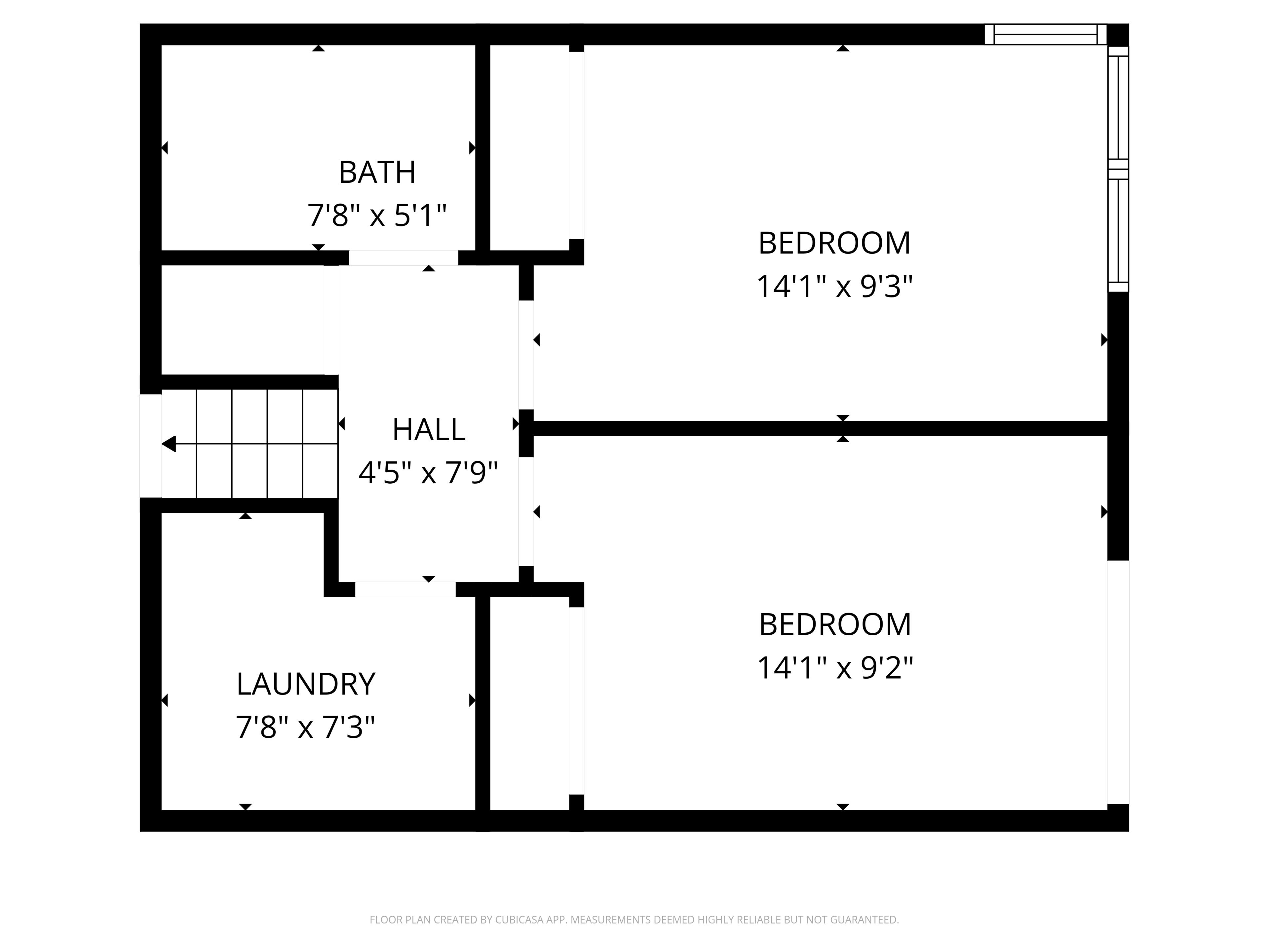 A floor plan with a 7'8" x 5'1" bathroom, a 14'1" x 9'3" bedroom, a 4'5" x 7'9" hall, and a 7'8" x 7'3" laundry area.