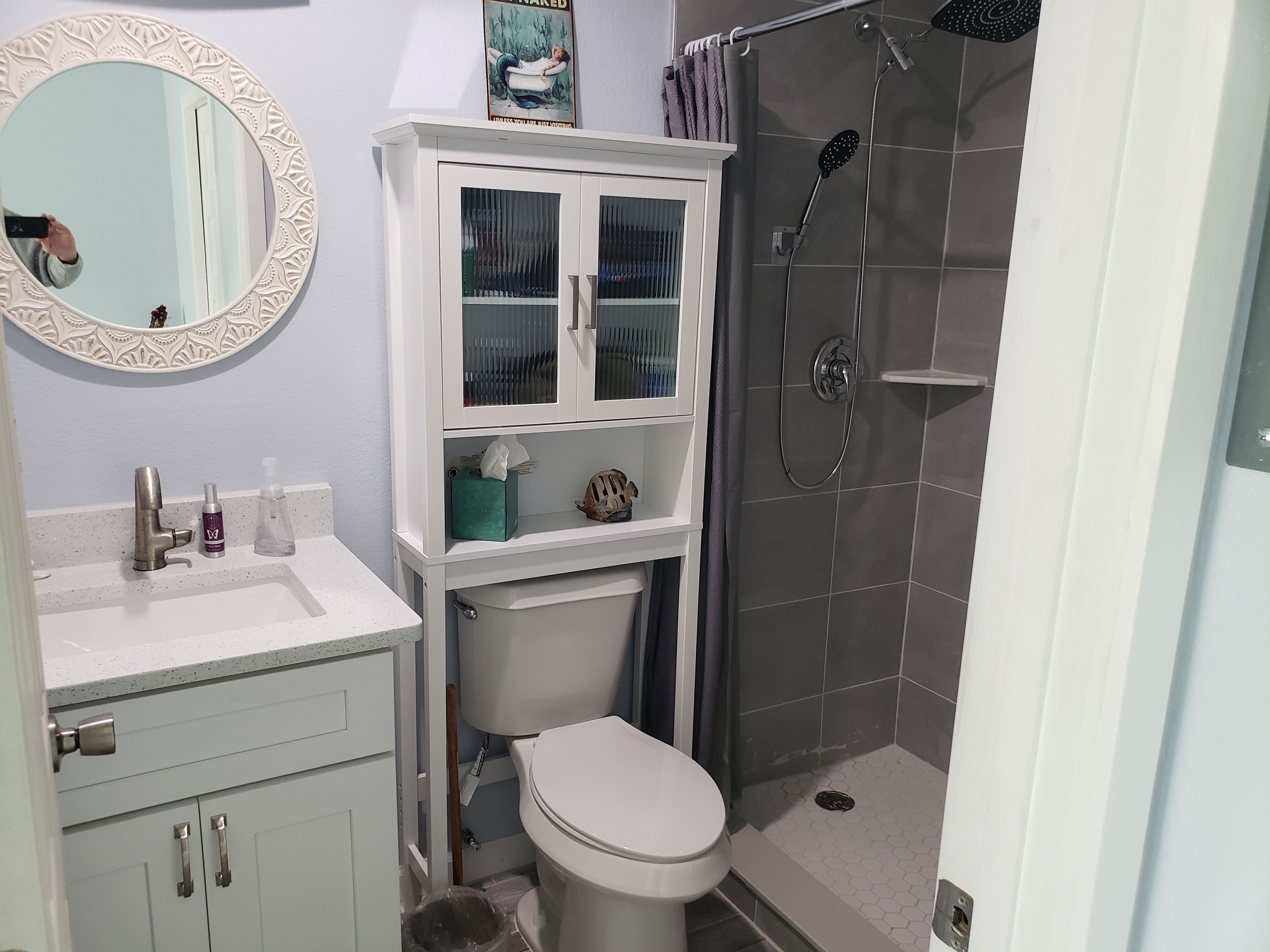 Shower, towels, toilet paper