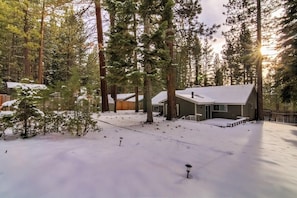 Eine Holzhütte, umgeben von hohen Kiefern, mit einem verschneiten Hof.