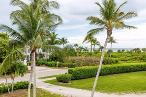 Un jardin bien entretenu, agrémenté de palmiers, d’un chemin pavé et offrant une vue sur l’océan.