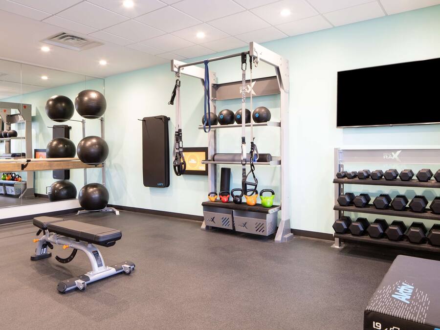 Uma academia com equipamentos de ginástica, um banco, um suporte de halteres e uma televisão presa à parede.