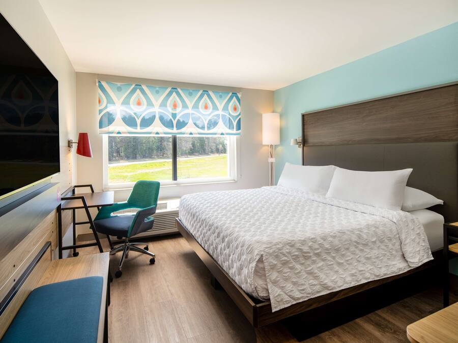 A hotel room with a bed, a desk, a chair, a window with a view, and a TV.