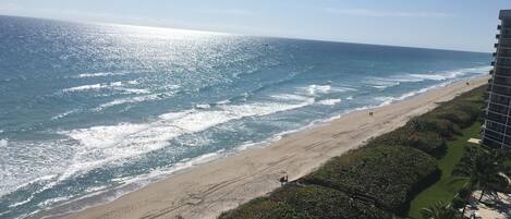 On the beach, sun loungers