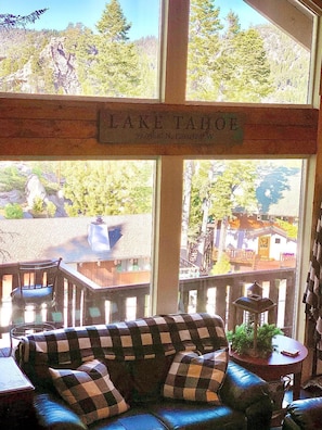 Relax in this serene mountain retreat with a stunning view of Lake Tahoe.