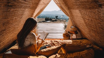 Panoramic Tent, Ensuite, Mountain View (Eco Tent) | Down duvets, rollaway beds, bed sheets