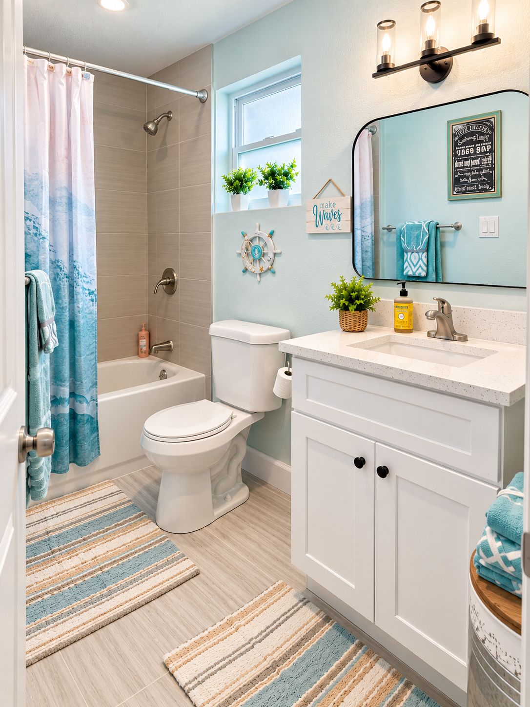 Une salle de bain équipée d’une baignoire, de toilettes, d’un lavabo et d’une douche. On y trouve des serviettes, une plante et un miroir avec un cadre décoratif.