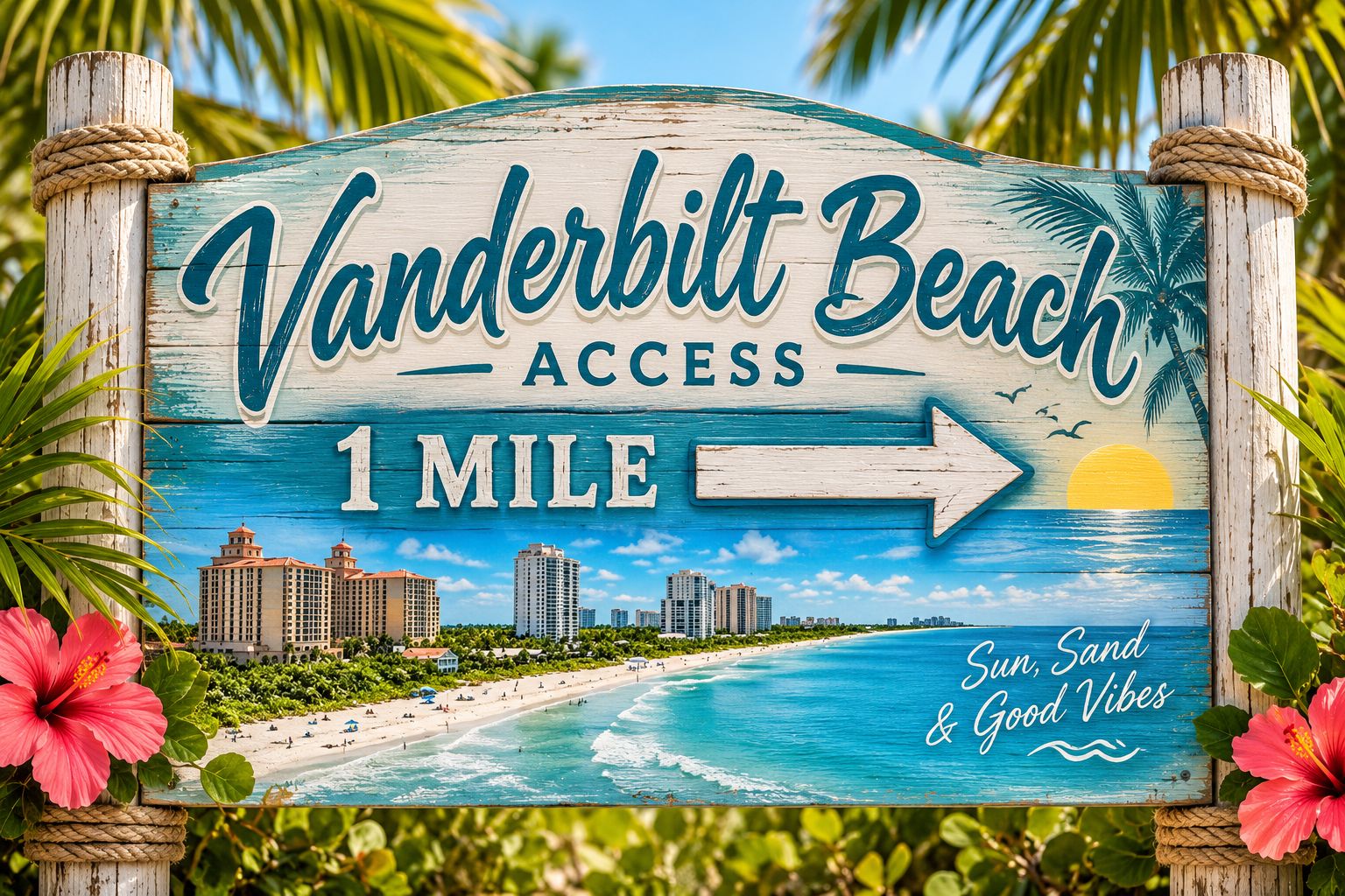 En träskylt med texten ”Vanderbilt Beach Access” och en pil som pekar åt höger, vilket visar att stranden ligger ungefär 1,6 kilometer bort.