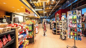 A spacious supermarket aisle with various food products and a display of colorful plush toys.