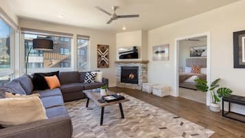 Flat-screen TV, fireplace, books