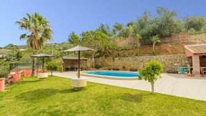 A pool area with a stone wall, a thatched gazebo, and a small tree. - El Pino de Sayalonga by Ruralidays (Málaga)