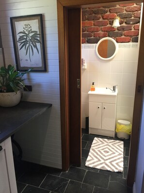 Un baño con lavamanos blanco, espejo, planta en maceta y alfombra estampada.