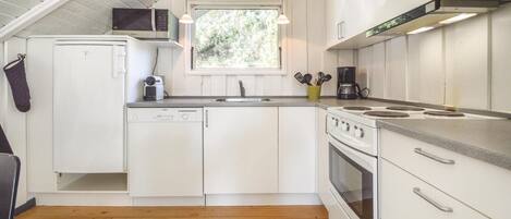 Fridge, stovetop, dishwasher, coffee/tea maker