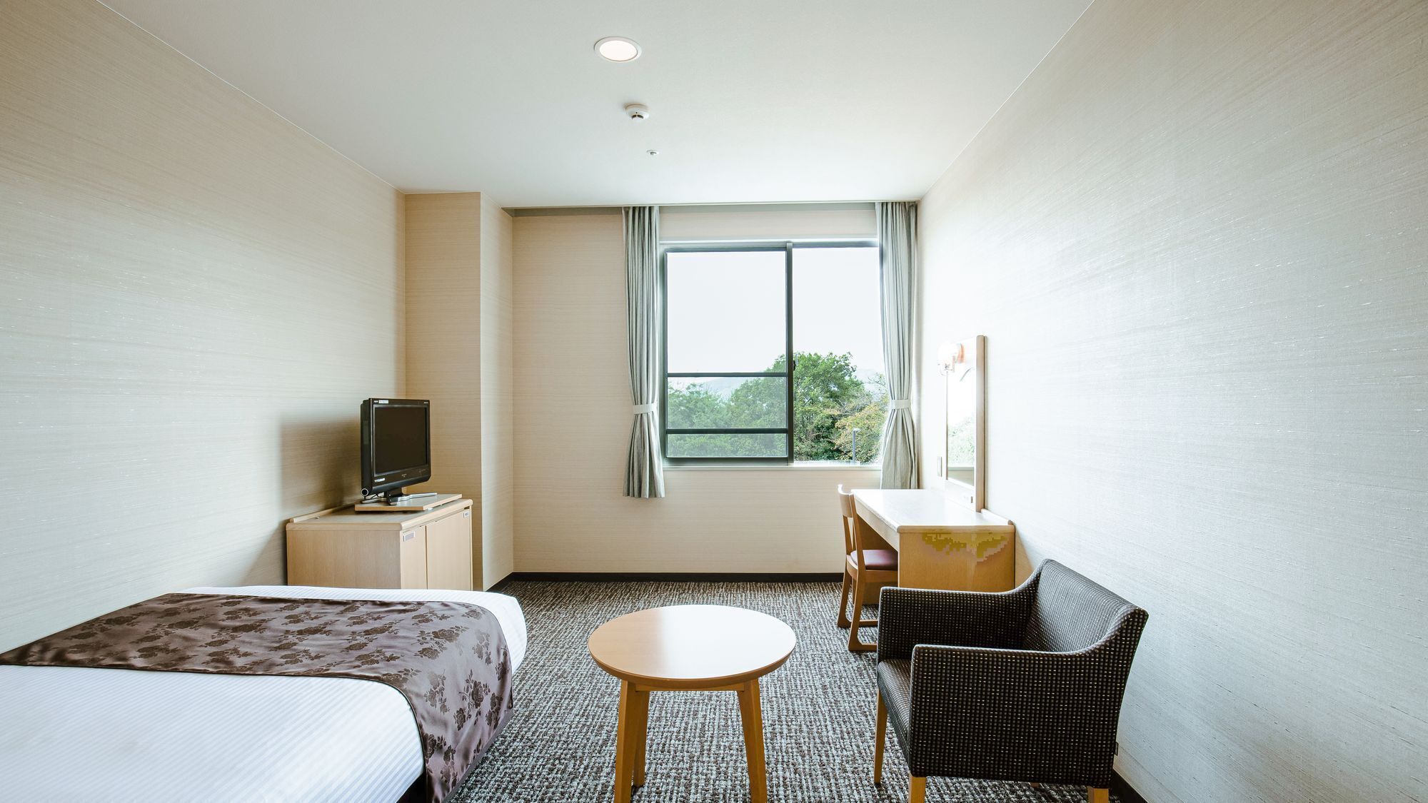 A hotel room with a bed, a desk, a chair, a television, and a window with a view of trees.