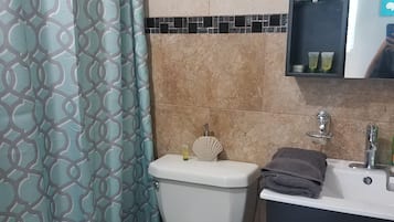 Towels, shampoo, toilet paper