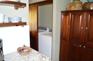 A kitchen with a wooden cabinet, a countertop, and a washing machine. - Casa de las Mariposas-Where Jungle Meets the Sea (San Buena)