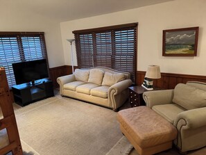 Una Smart TV, una chimenea, un reproductor de DVD, libros