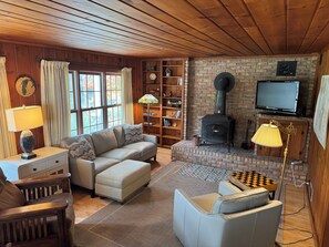 TV, DVD player, books, video library