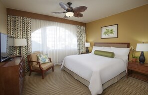Habitación de hotel con una cama grande, un escritorio con televisión, una silla, una mesita de noche y un ventilador de techo.