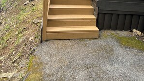 Una cabaña de madera con un juego de escalones de madera que conducen a una puerta oscura.