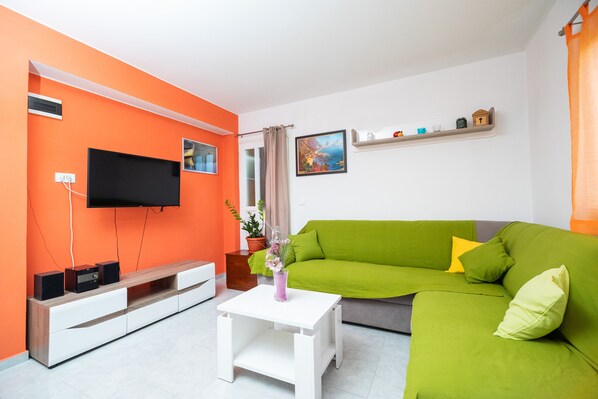 Flat-screen TV, fireplace