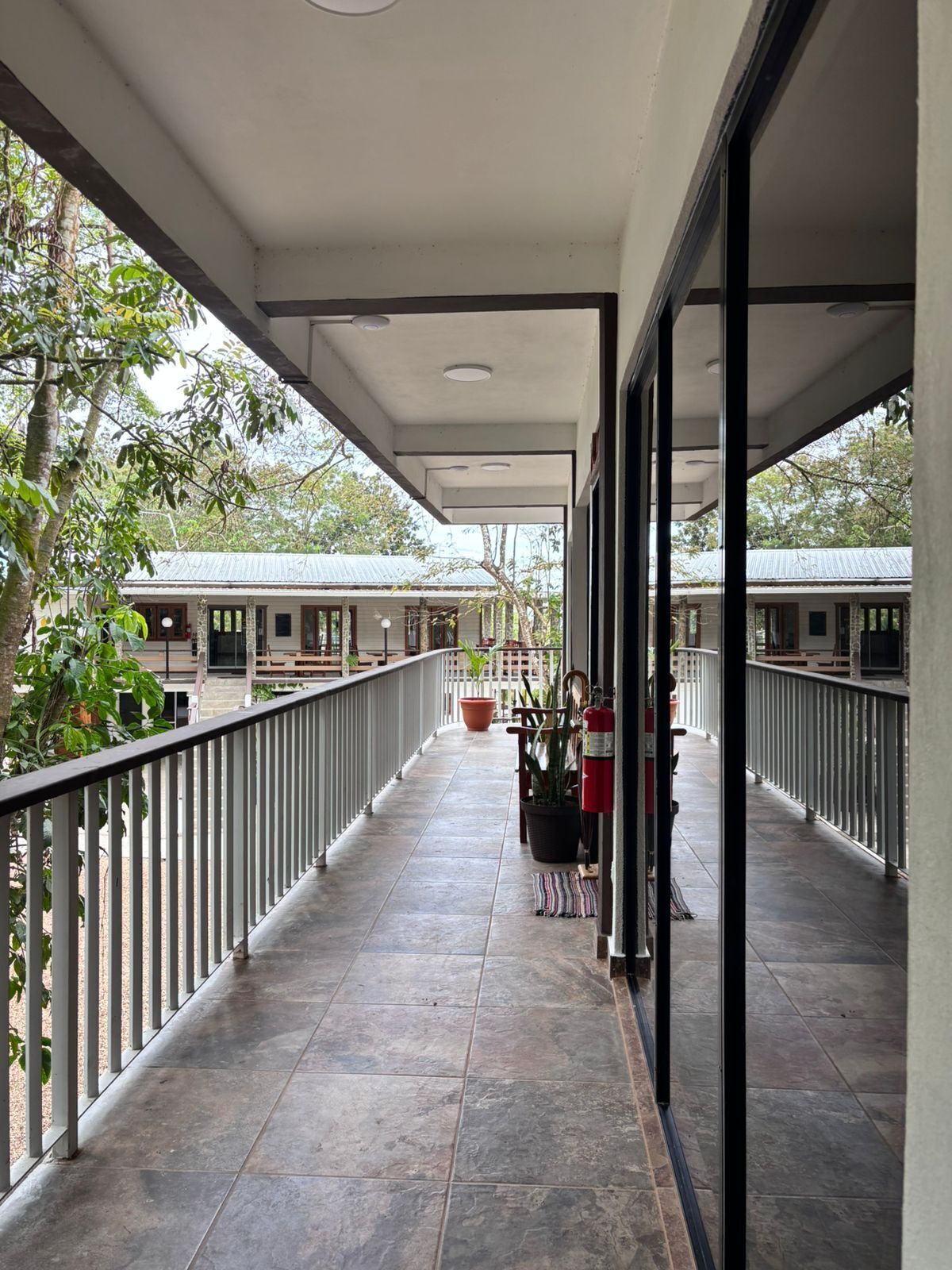 A covered balcony with a tiled floor, potted plants, and a fire extinguisher.