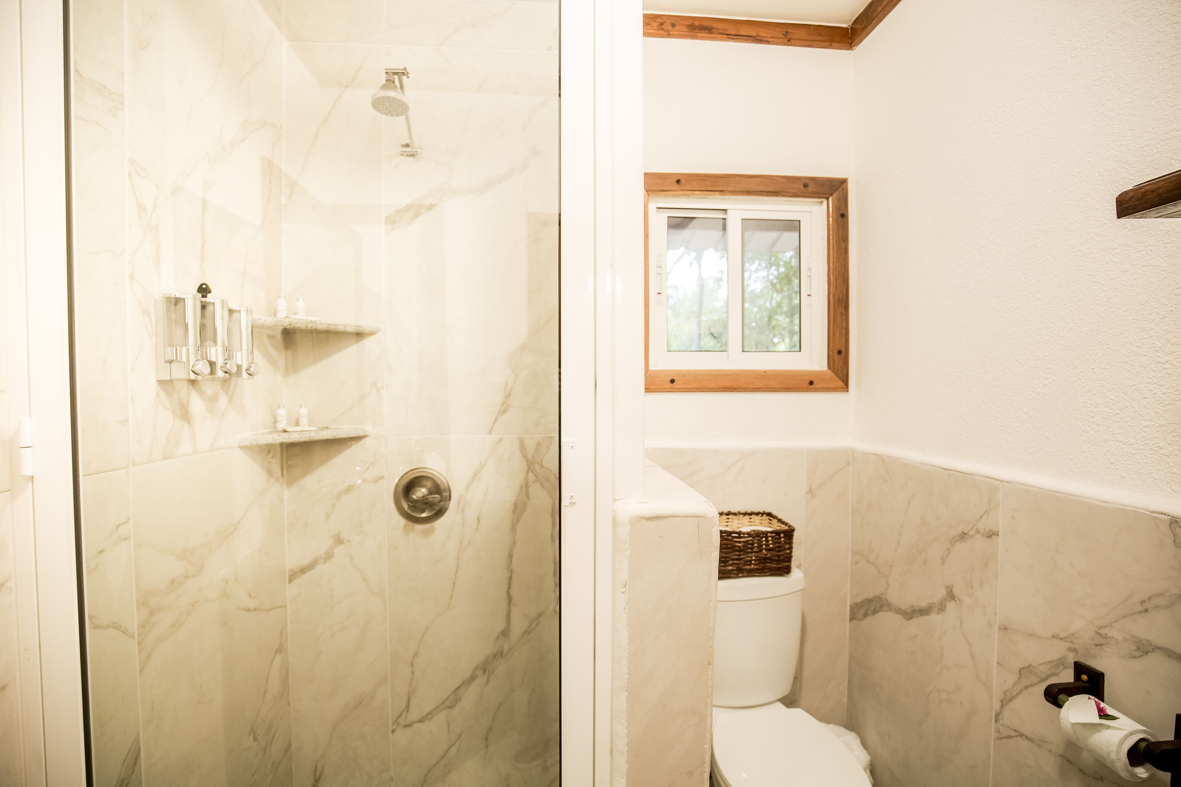 Un baño con ducha de vidrio, inodoro y un ventanal pequeño.