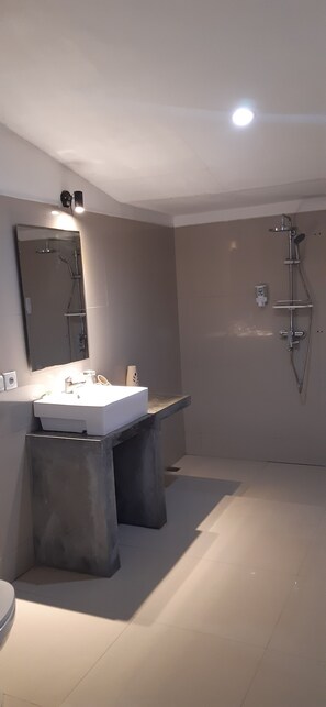 Deluxe kamer | Badkamer | Een douche, gratis toiletartikelen, een bidet, handdoeken