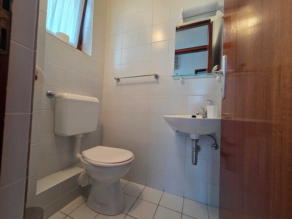 Een kleine, schone badkamer met toilet, wastafel en een raam met gordijnen.