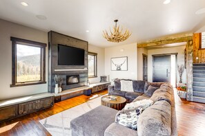 Télévision, cheminée, lecteur de DVD, chaîne hi-fi